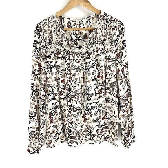 Lucky Brand Top Size Large Womens Ivory Long Sleeve Floral Print Smocked V Neck - Picture 1 of 6